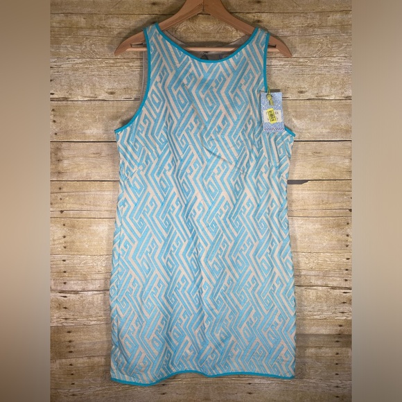 Chelsea & Violet Dresses & Skirts - NWT Chelsea & Violet Dress sz L Beige Blue Shift Textured Keyhole Ikat Lined